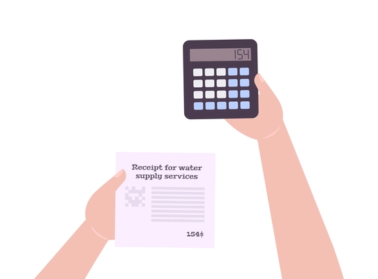 Utility bill flat icon with human hands holding calculator and receipt for water supply service vector illustration