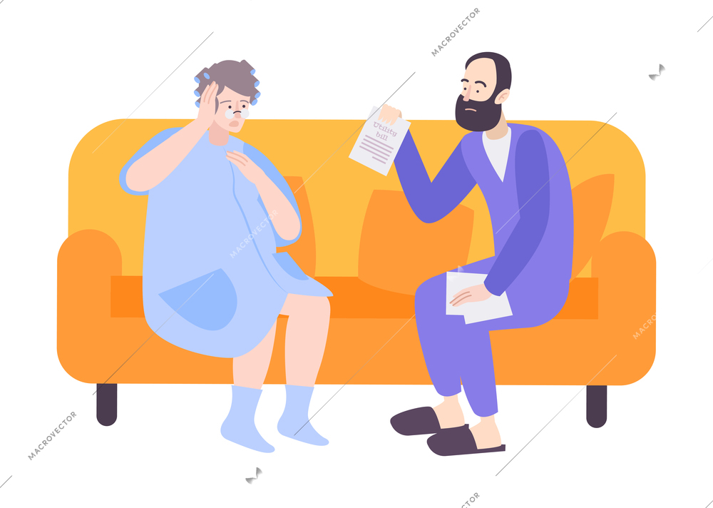 Two flat people sitting on sofa with utility bill vector illustration