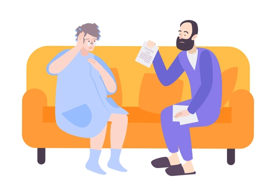 Two flat people sitting on sofa with utility bill vector illustration