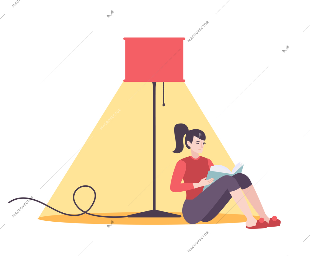 Utility service electricity flat composition with woman reading book under standard lamp vector illustration