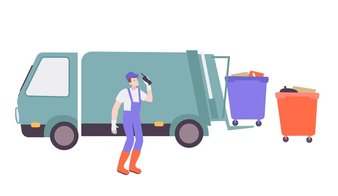 Utility service flat icon with worker and truck collecting garbage vector illustration