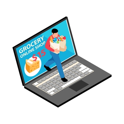 Online grocery store icon with isometric laptop and character carrying goods in paper bags vector illustration