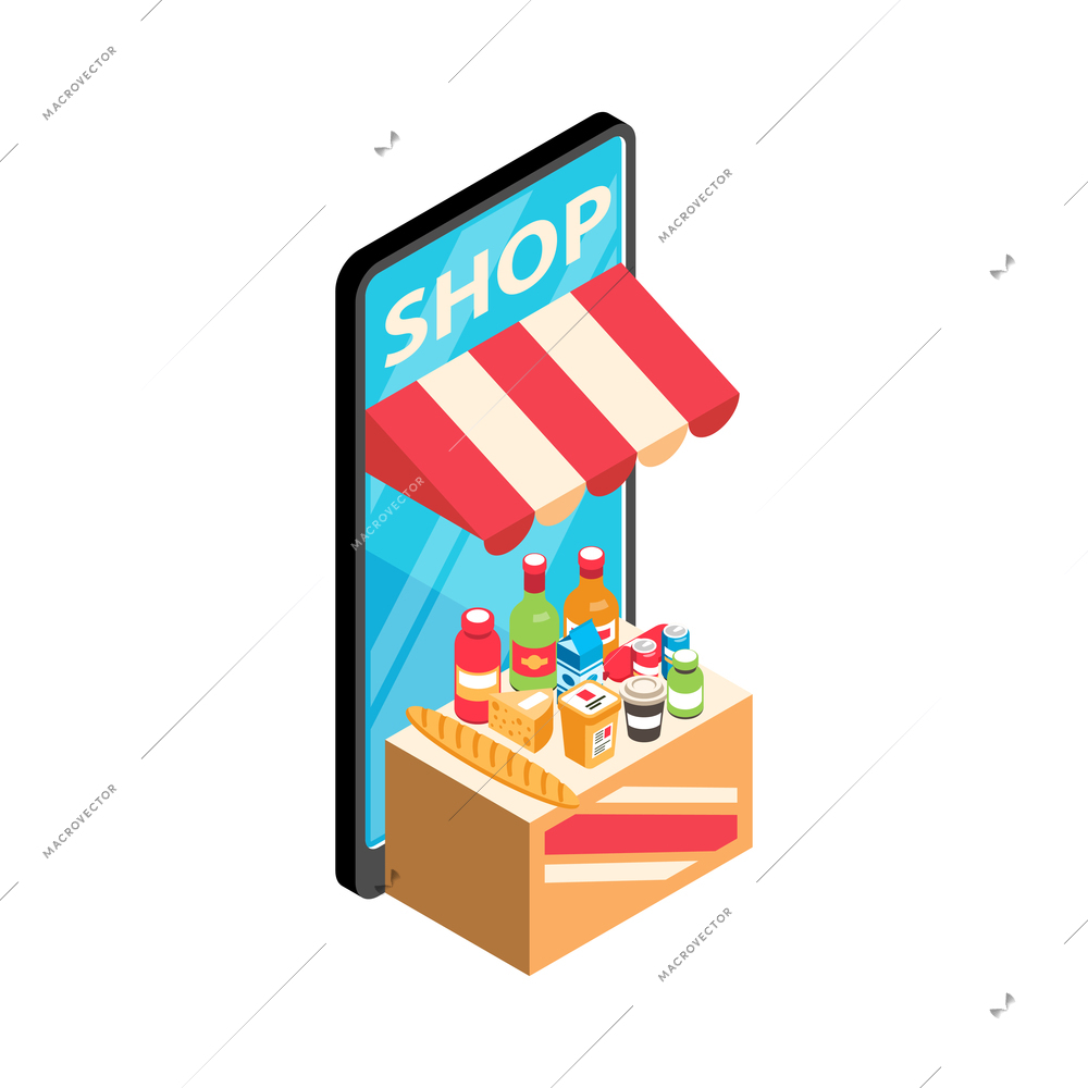 Online shopping isometric icon with smartphone food and drinks 3d vector illustration