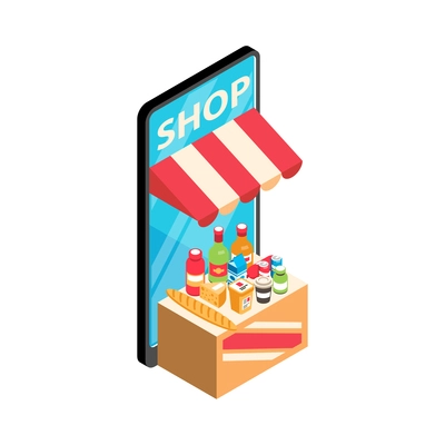 Online shopping isometric icon with smartphone food and drinks 3d vector illustration