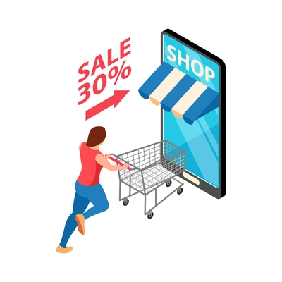 Isometric online shop sale icon with smartphone and character running with trolley vector illustration