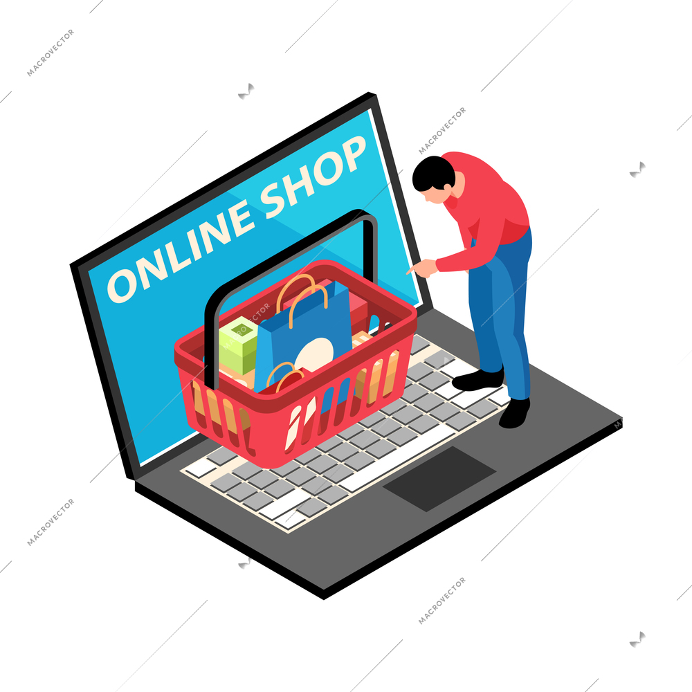 Online shop isometric icon with human character laptop and basket full of products 3d vector illustration