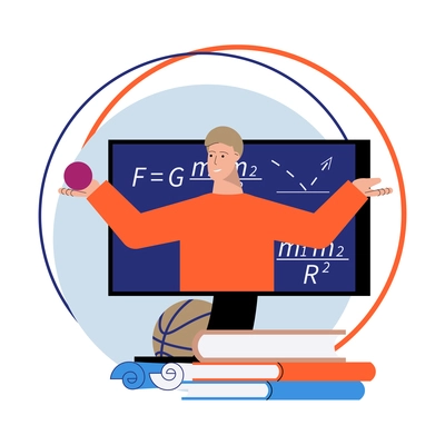 Flat online tutoring composition with books and mathematics teacher on computer screen vector illustration