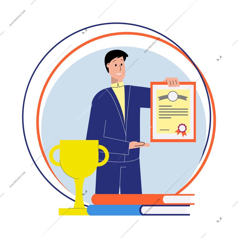 Flat composition with male tutor diploma trophy books vector illustration