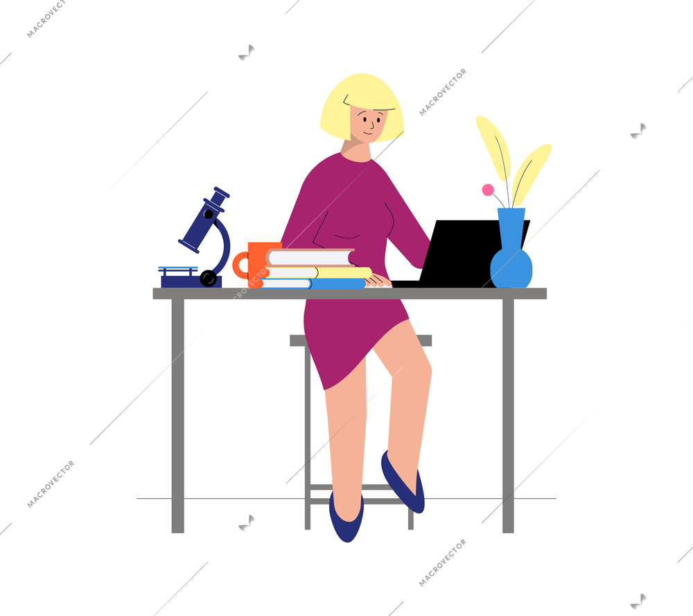 Tutoring flat icon with female character having online science lesson with books and microscope vector illustration