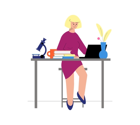 Tutoring flat icon with female character having online science lesson with books and microscope vector illustration