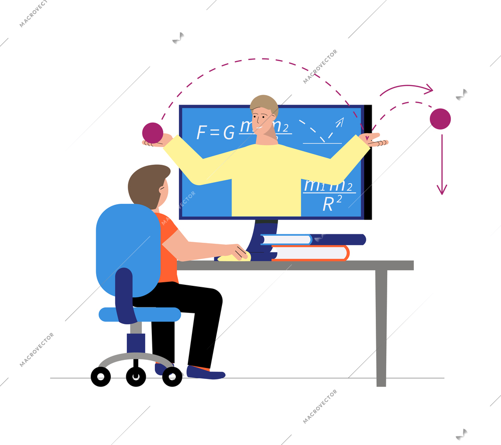 Boy having online mathematics lesson on his computer flat vector illustration