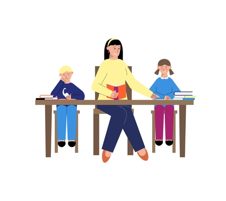 Tutoring flat composition with children reading with female teacher vector illustration