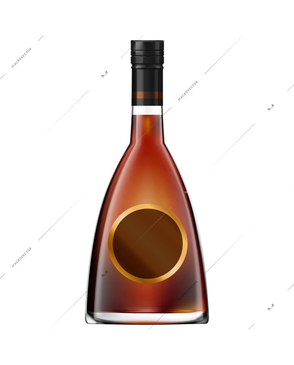 Glass bottle of whisky or cognac with screw cap and round label realistic vector illustration