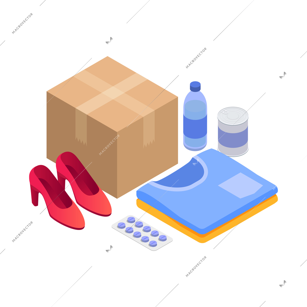 Delivery service isometric icon with cardboard box and various goods 3d vector illustration