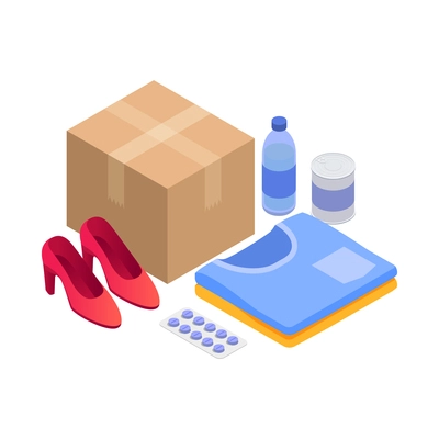 Delivery service isometric icon with cardboard box and various goods 3d vector illustration