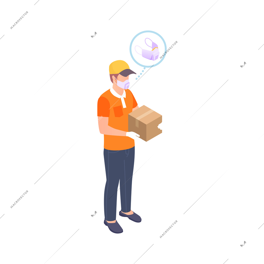 Delivery company isometric icon with male courier in medical face mask holding box vector illustration