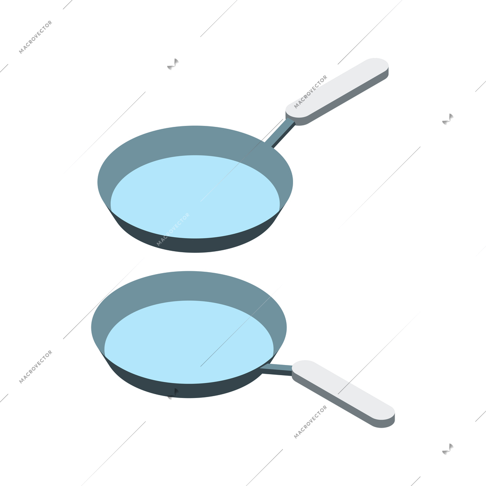 Two empty clean frying pans isometric icon on white background isolated vector illustration