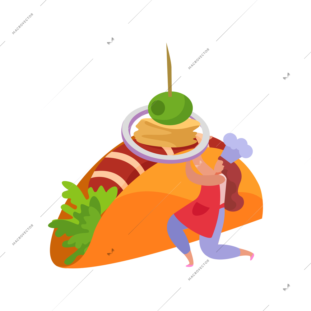 Professional kitchen flat icon with delicious buritto and human character vector illustration