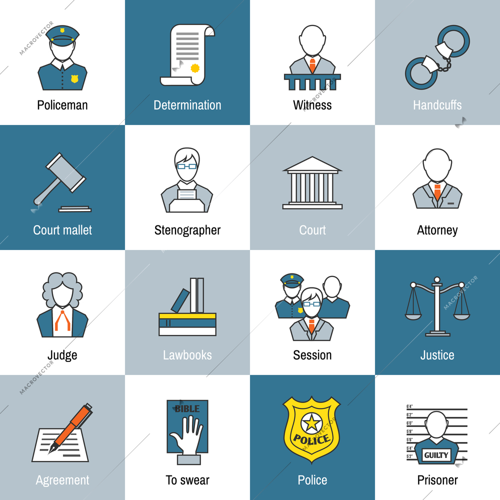 Law justice and legislation flat line icons set of judge scales courthouse and jail isolated vector illustration