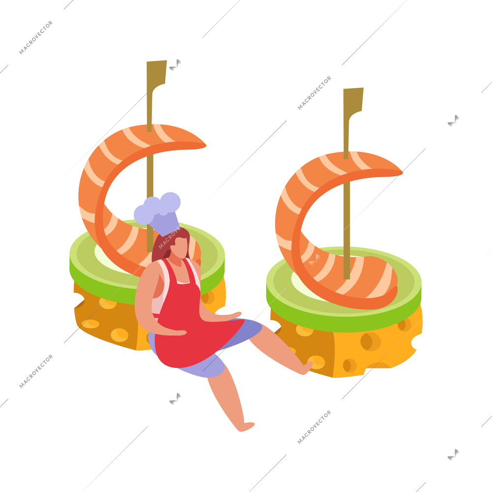 Flat design restaurant appetizer icon with prawn canape and chef character vector illustration