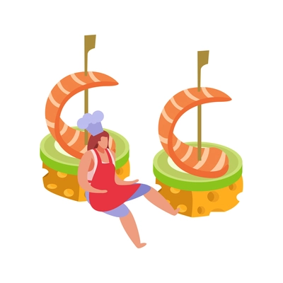 Flat design restaurant appetizer icon with prawn canape and chef character vector illustration