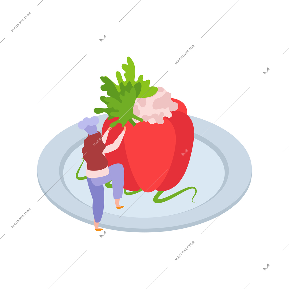 Flat color professional kitchen icon with appetizer on plate and female character vector illustration