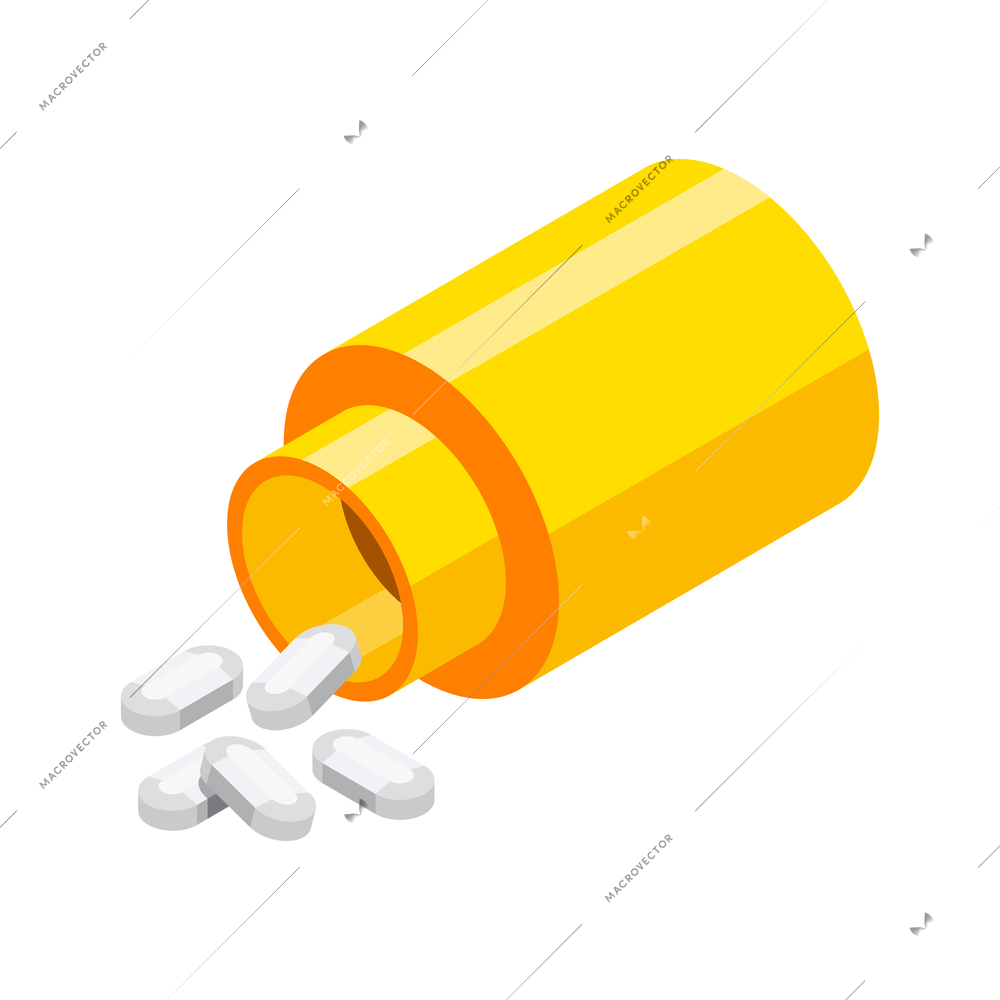 Yellow bottle with white pills isometric icon on white background 3d vector illustration