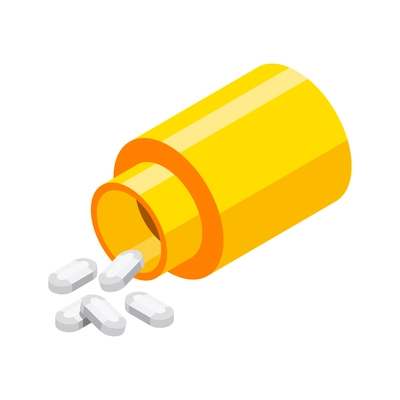 Yellow bottle with white pills isometric icon on white background 3d vector illustration