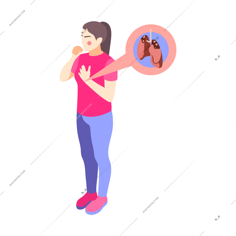 Woman coughing because of pulmonary disease isometric icon with image of infected lungs vector illustration