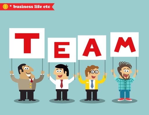 Business life. Office personnel holding team sign vector illustration