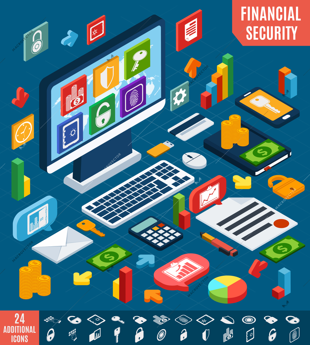 Isometric financial securities and business elements set vector illustration