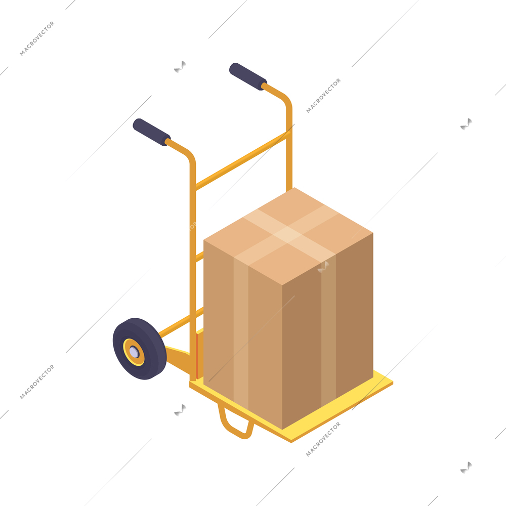 Delivery company isometric icon with cardboard box on yellow trolley 3d vector illustration