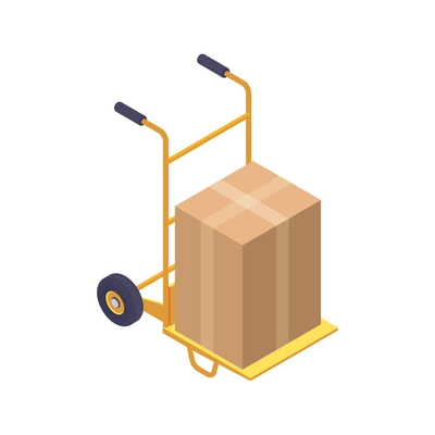 Delivery company isometric icon with cardboard box on yellow trolley 3d vector illustration