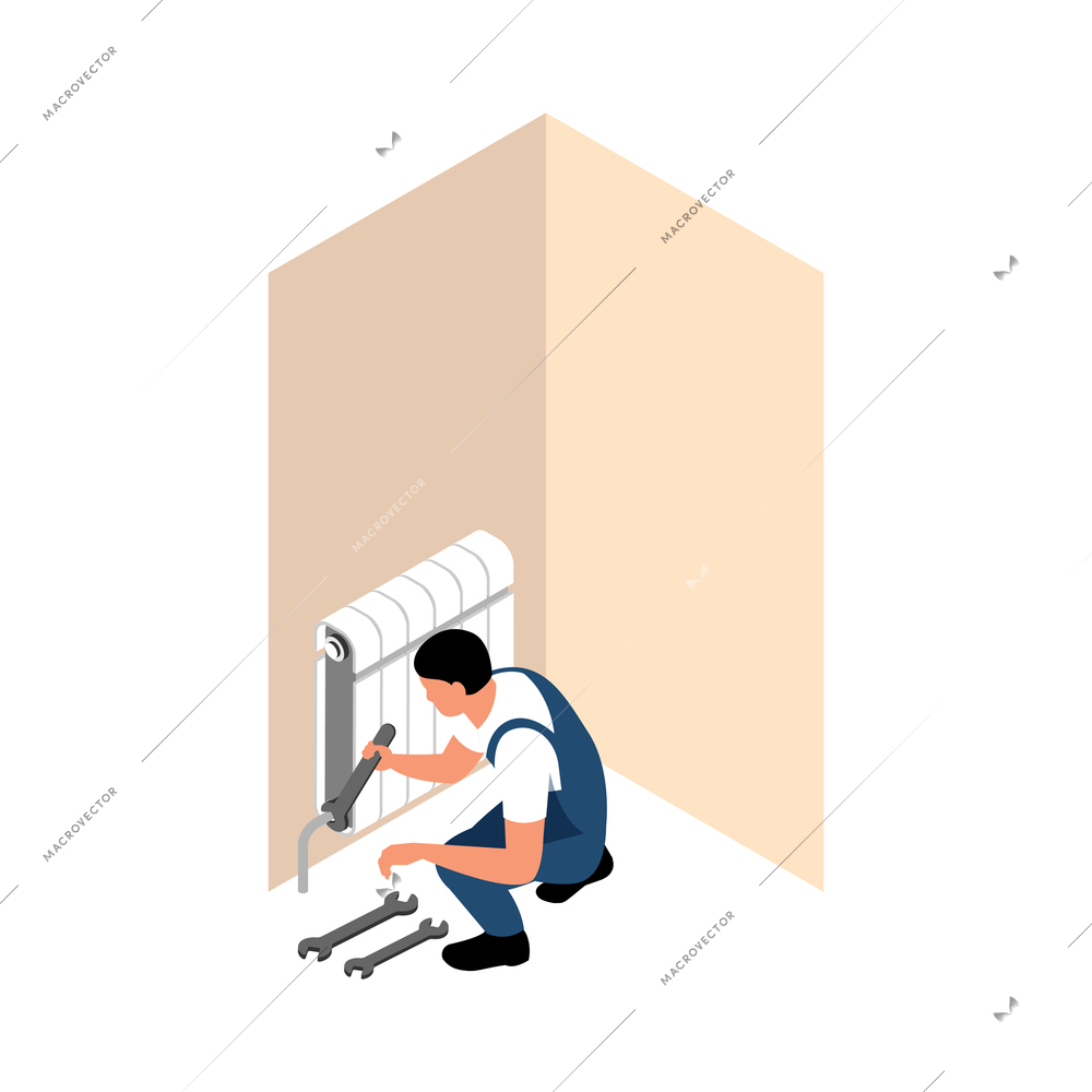 House renovation isometric icon with worker installing or fixing radiator in room 3d vector illustration