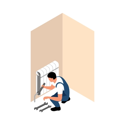 House renovation isometric icon with worker installing or fixing radiator in room 3d vector illustration