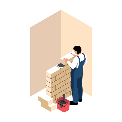 Repair isometric icon with worker laying bricks 3d vector illustration