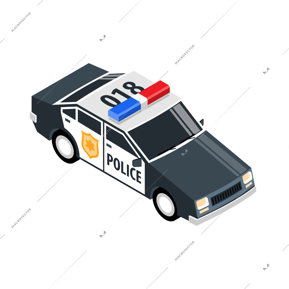 Police car with flashing lights isometric vector illustration