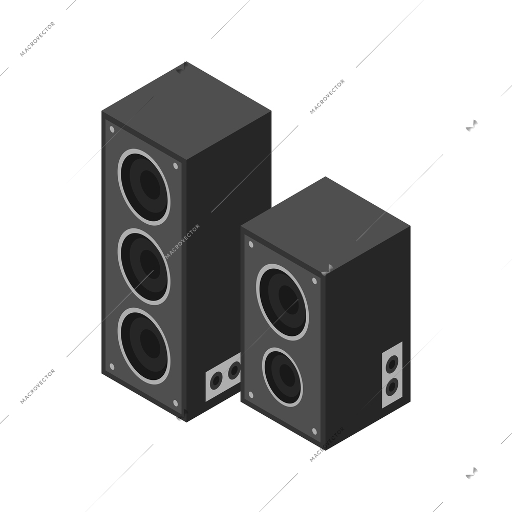 Two black loudspeakers of different size 3d isometric vector illustration