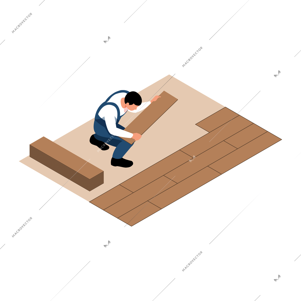 Apartment renovation isometric icon with worker laying parquet 3d vector illustration