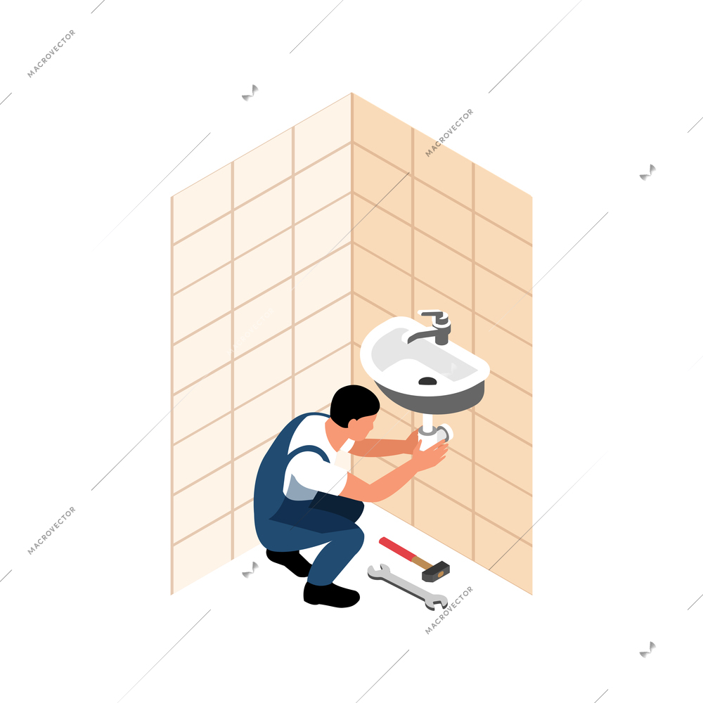 Isometric icon with plumber in uniform fixing sink in bathroom 3d vector illustration