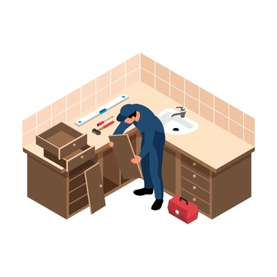 House renovation isometric icon with man assembling kitchen cupboards and drawers vector illustration