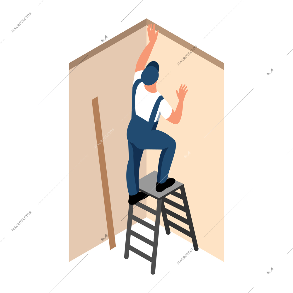 Apartment repair isometric icon with worker standing on ladder and installing ceiling moldings vector illustration