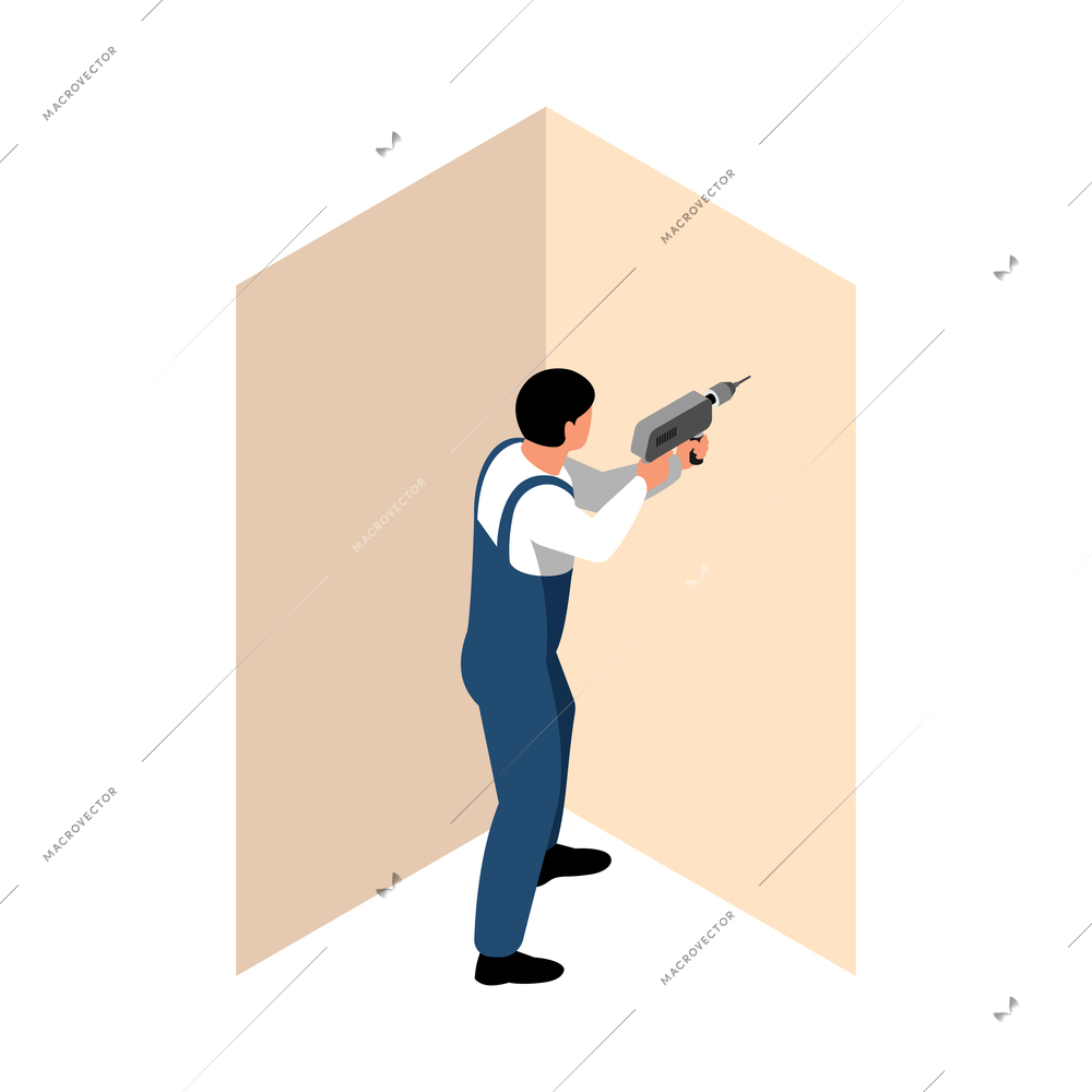 Apartment repair isometric icon with man in uniform working with drill 3d vector illustration