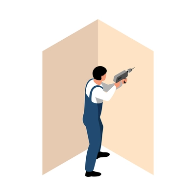 Apartment repair isometric icon with man in uniform working with drill 3d vector illustration
