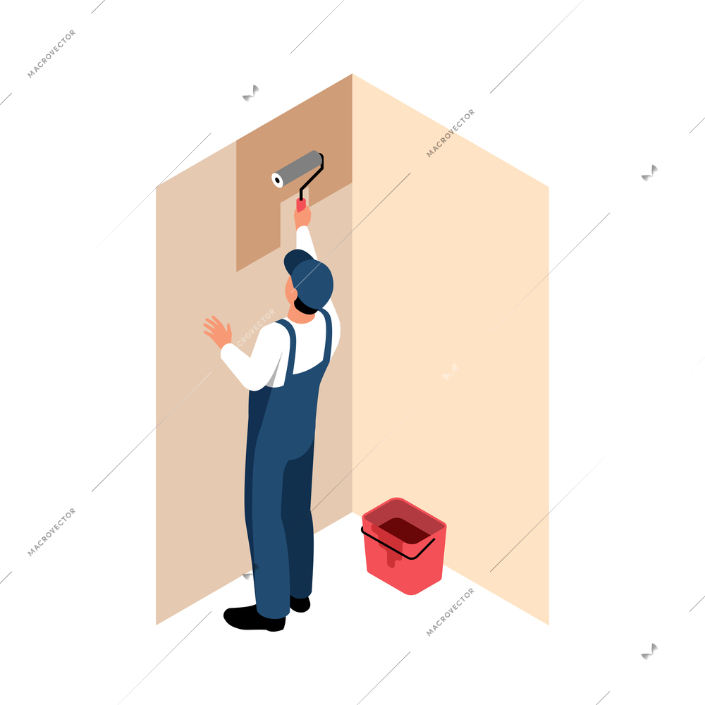 Isometric icon with worker in uniform painting walls with roller 3d vector illustration