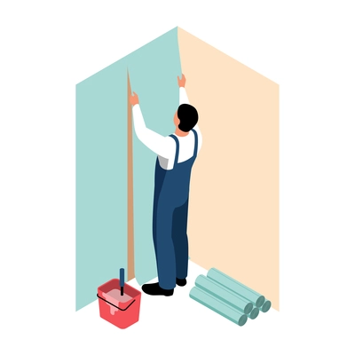 Isometric house renovation icon with worker wallpapering room 3d vector illustration