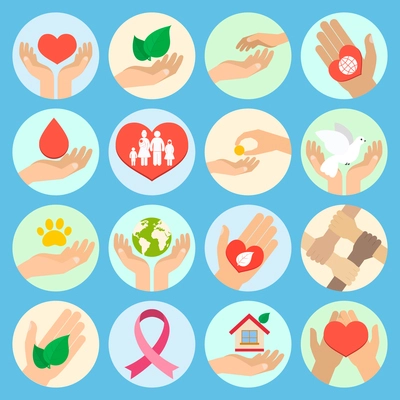 Charity donation social services and volunteer icons set with hands isolated vector illustration