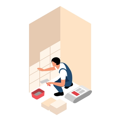 House repair isometric icon with worker laying tiles 3d vector illustration