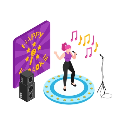 Woman performing on stage in karaoke club 3d isometric vector illustration