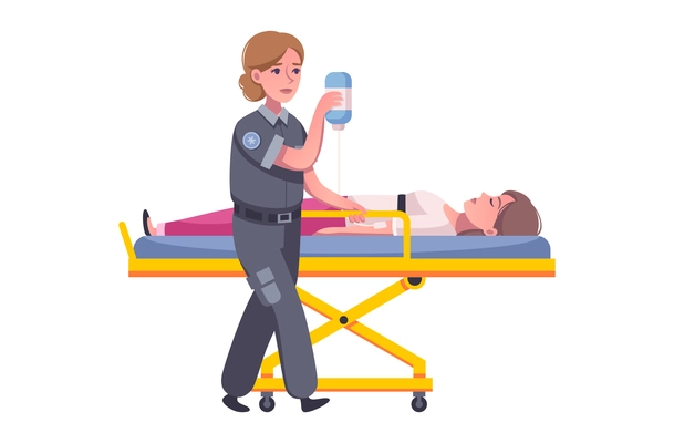 Ambulance icon with cartoon characters of paramedic and injured person vector illustration